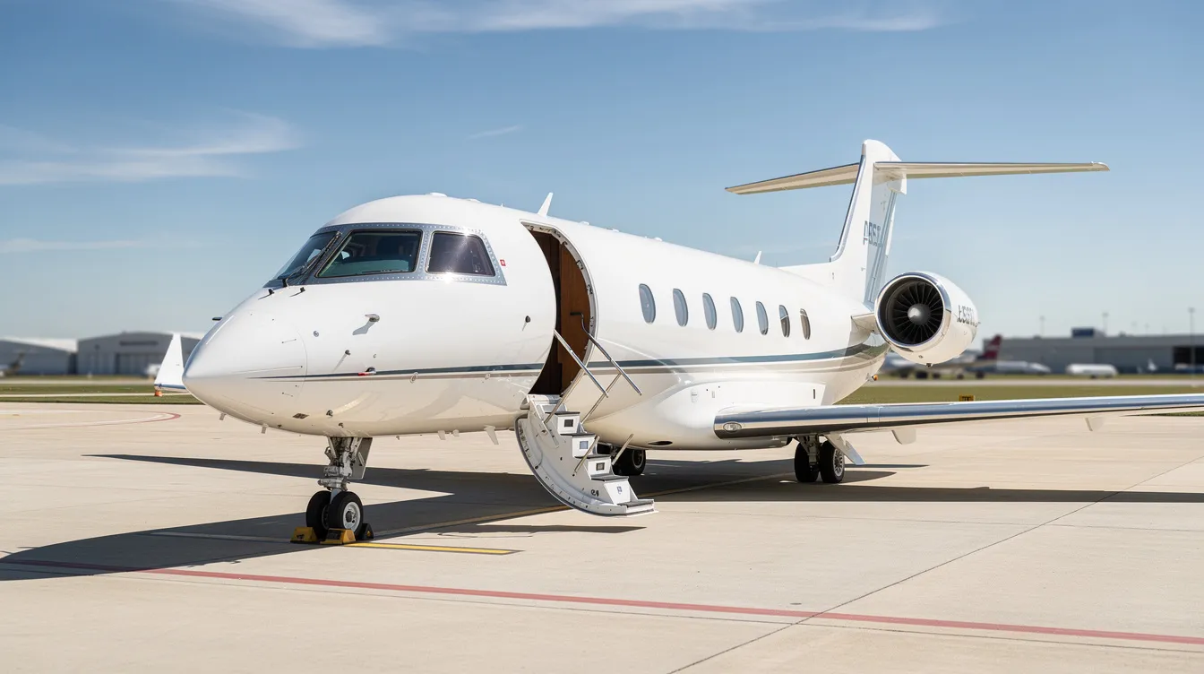A sleek private jet is parked on a tarmac under a clear blue sky, with its stairs extended, inviting passengers to board for their air travel. This luxurious aircraft represents the high-end segment of the airline industry, contrasting with low-cost carriers like Spirit Airlines and Southwest Airlines.