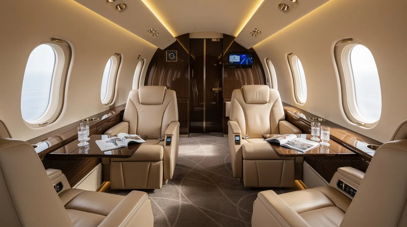 The image depicts a luxurious private jet cabin with plush leather seating and warm ambient lighting, embodying the essence of private aviation and unparalleled service. This elegant interior reflects the high standards of VistaJet, offering clients an exceptional flying experience in a world-class environment.