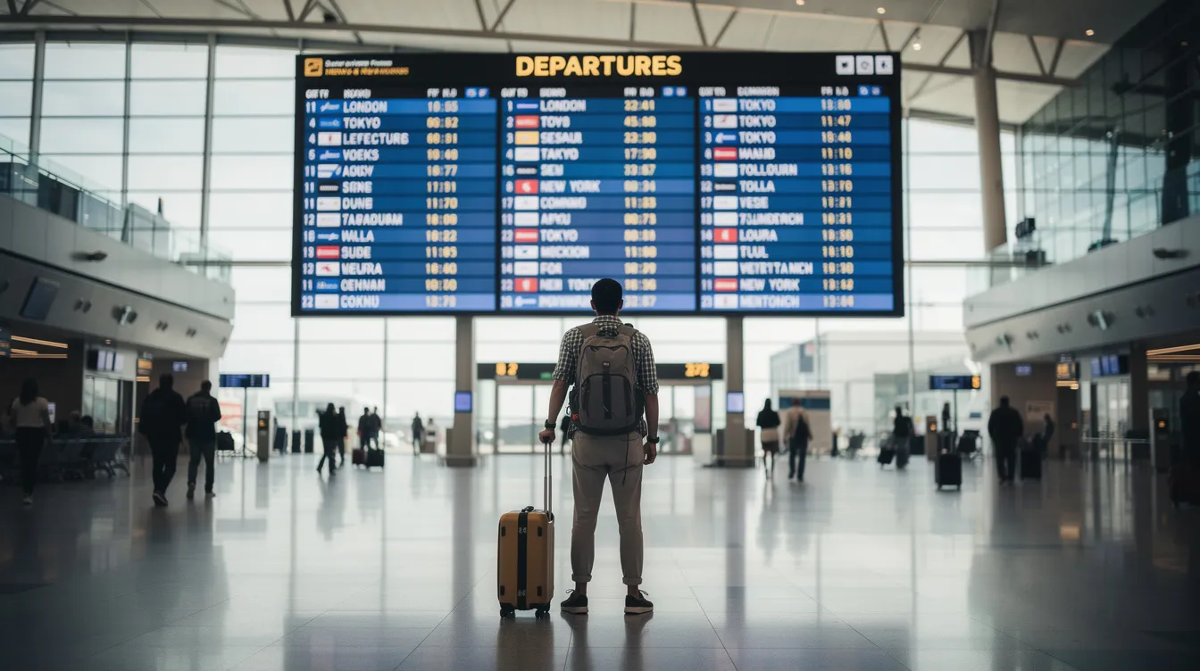 A solo traveler stands in front of a large airport departure board, intently scanning the multiple flight listings for international and domestic flights. The board displays various destinations and flight departure times, reflecting the excitement and anticipation of planning ahead for their journey.
