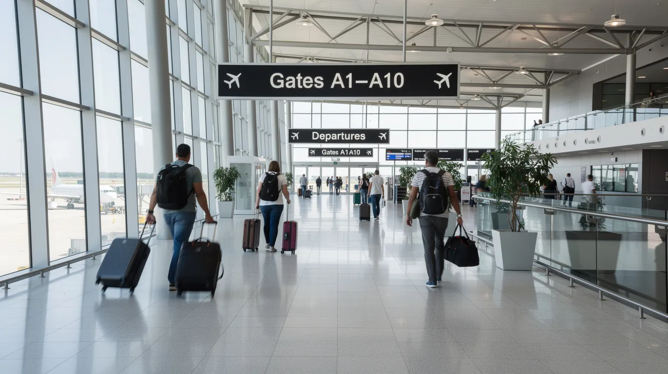 The image depicts a bustling modern airport terminal hallway, where travelers carrying luggage are walking towards their gates, preparing for flight departures. This scene captures the essence of international travel, with individuals navigating through the terminal, possibly on their way to various destinations, including those served by Frontier Airlines.