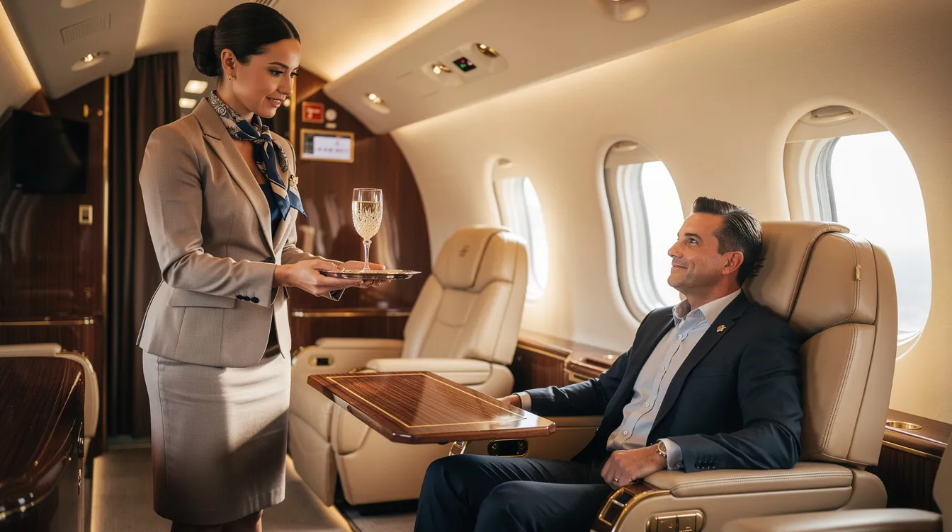 A flight attendant is elegantly serving a beverage to a passenger in the luxurious interior of a private jet, featuring plush leather seats and a sophisticated ambiance. This scene highlights the attentive service provided by cabin crew members during their duty hours on international flights.