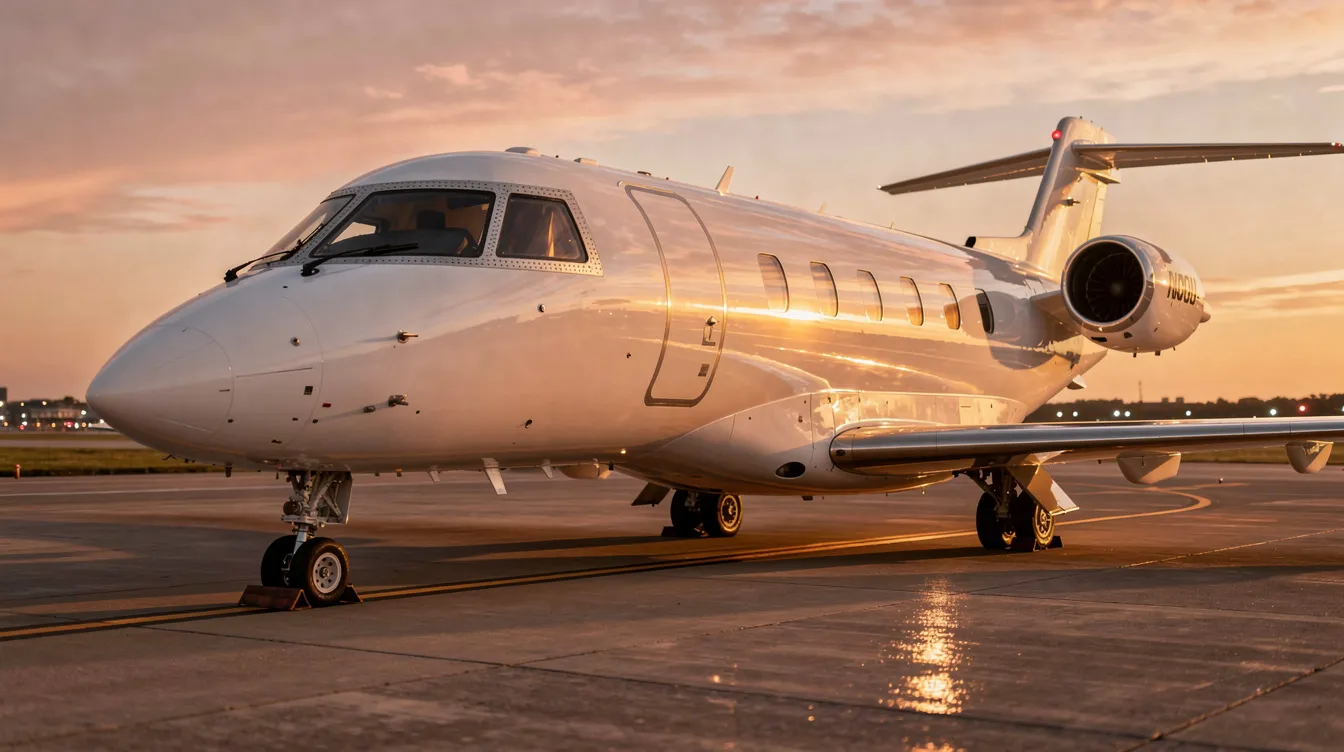 A sleek private jet is parked on a tarmac, bathed in warm golden light from the sunset, highlighting its polished fuselage. The scene evokes a sense of luxury and exclusivity, reminiscent of the high salaries and benefits that flight attendants enjoy while serving passengers on domestic and international flights.