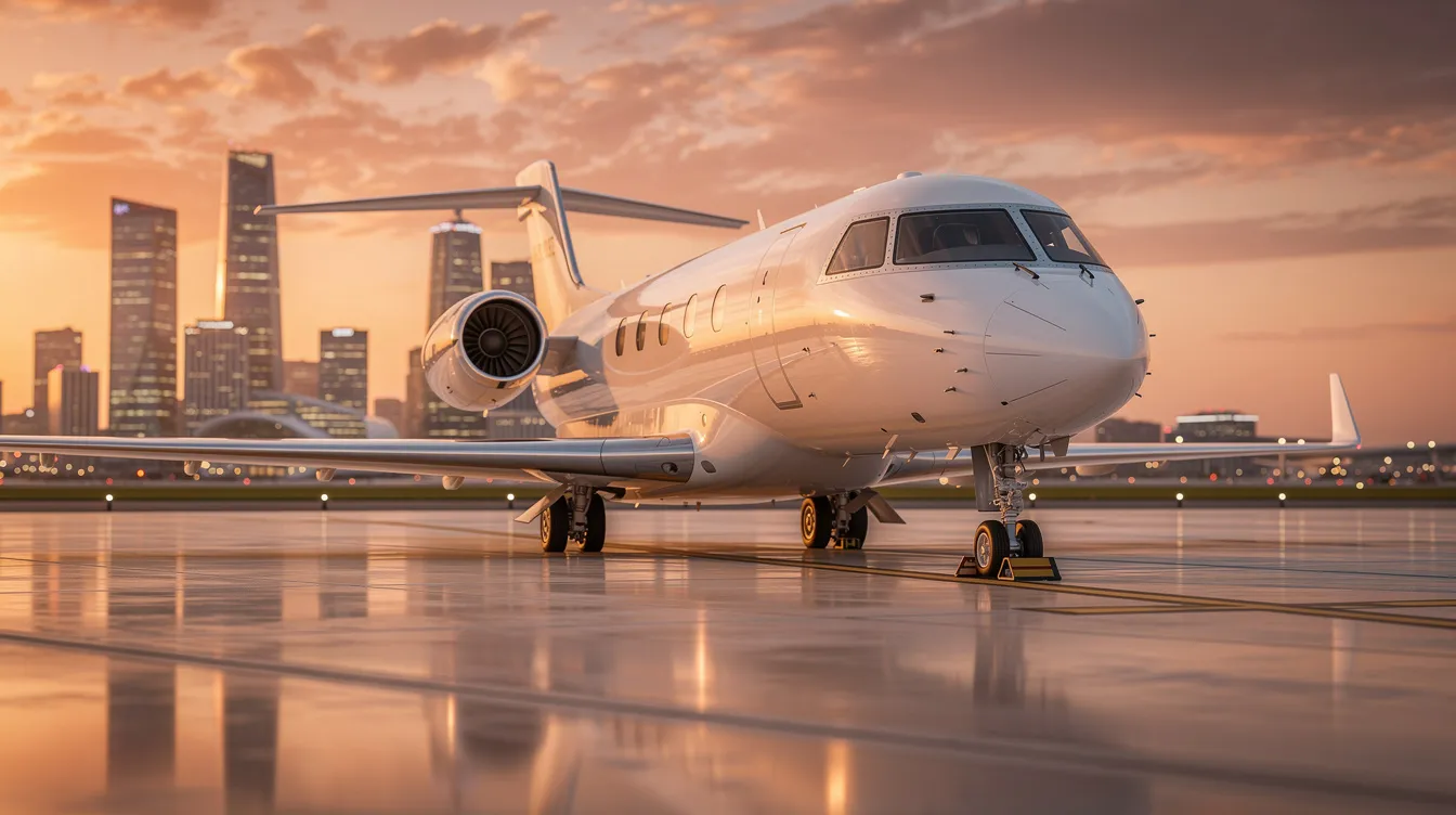 A sleek private jet is parked on a tarmac at sunset, with a stunning city skyline in the background, symbolizing luxury travel and the convenience of business class tickets. This scene reflects the allure of premium airline services and the potential for significant discounts through business class consolidators.