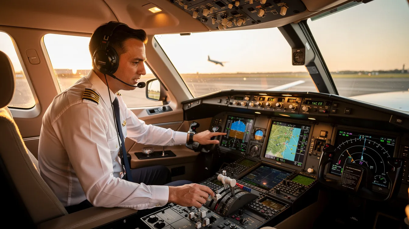 A pilot is seen inside the cockpit of a modern private jet, diligently performing pre-flight checks to ensure a safe journey. This setting highlights the meticulous attention to detail required in the airline industry, emphasizing the importance of safety and preparation before embarking on global destinations.