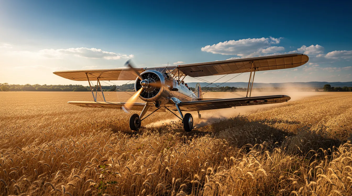 A vintage single-engine monoplane, resembling a classic general aviation aircraft, gracefully flies low over expansive golden wheat fields, showcasing the beauty of rural landscapes and the charm of small aircraft in the aviation world. The scene captures the essence of flight and the legacy of iconic aircraft brands like Cessna.