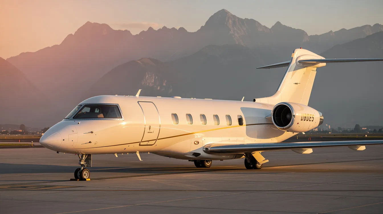 A sleek white private jet, representing a prominent brand in business aviation, is parked on the tarmac during golden hour, with majestic mountains in the background, highlighting the beauty of general aviation aircraft. The scene captures the elegance of private aircraft, showcasing its polished exterior against the warm glow of the setting sun.