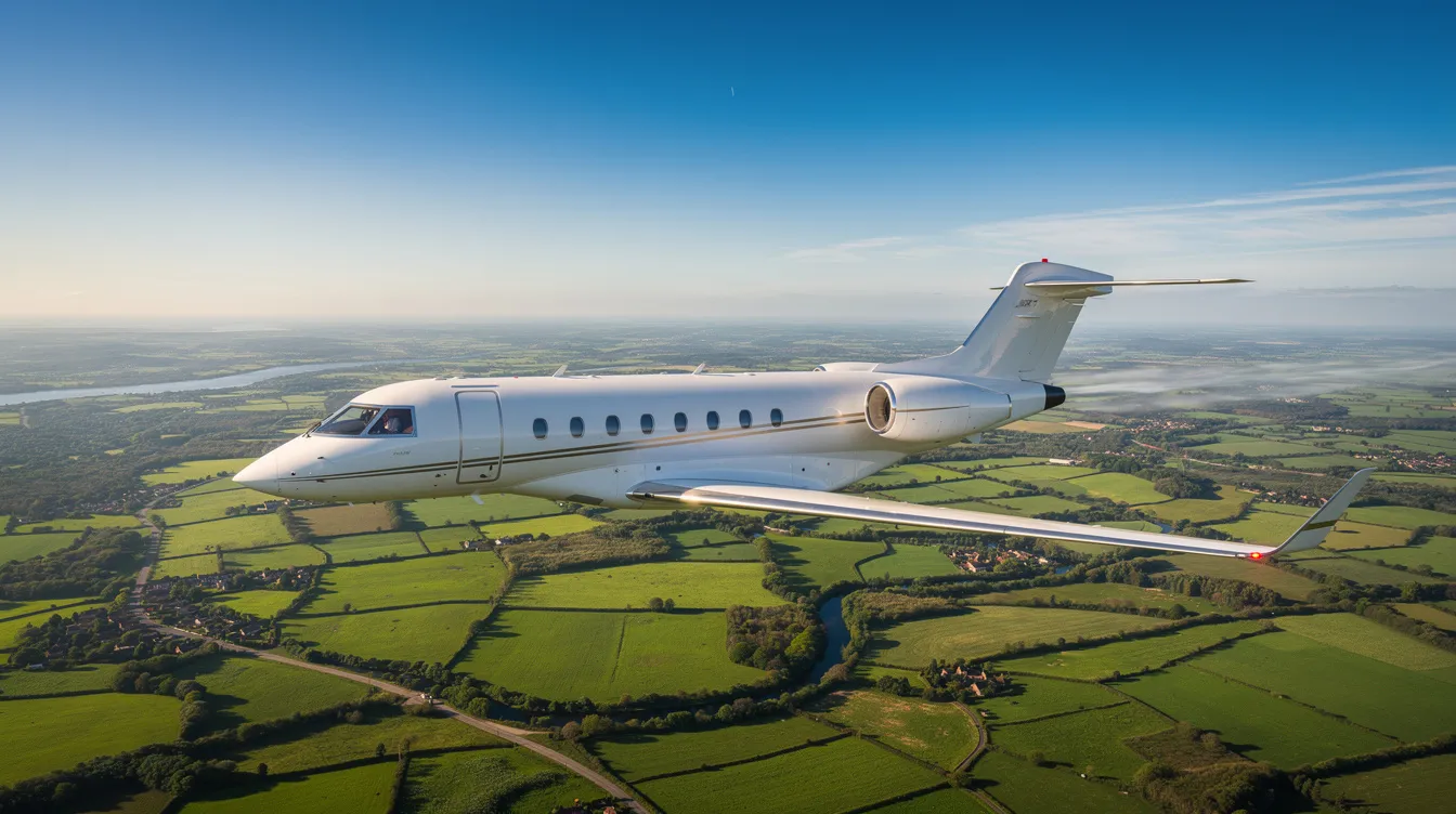 A sleek private jet, representing the pinnacle of business aviation, soars above a vibrant green countryside under a clear blue sky, showcasing the elegance of general aviation aircraft. This scene captures the essence of freedom and luxury in the aviation world, reminiscent of the iconic Cessna brand.