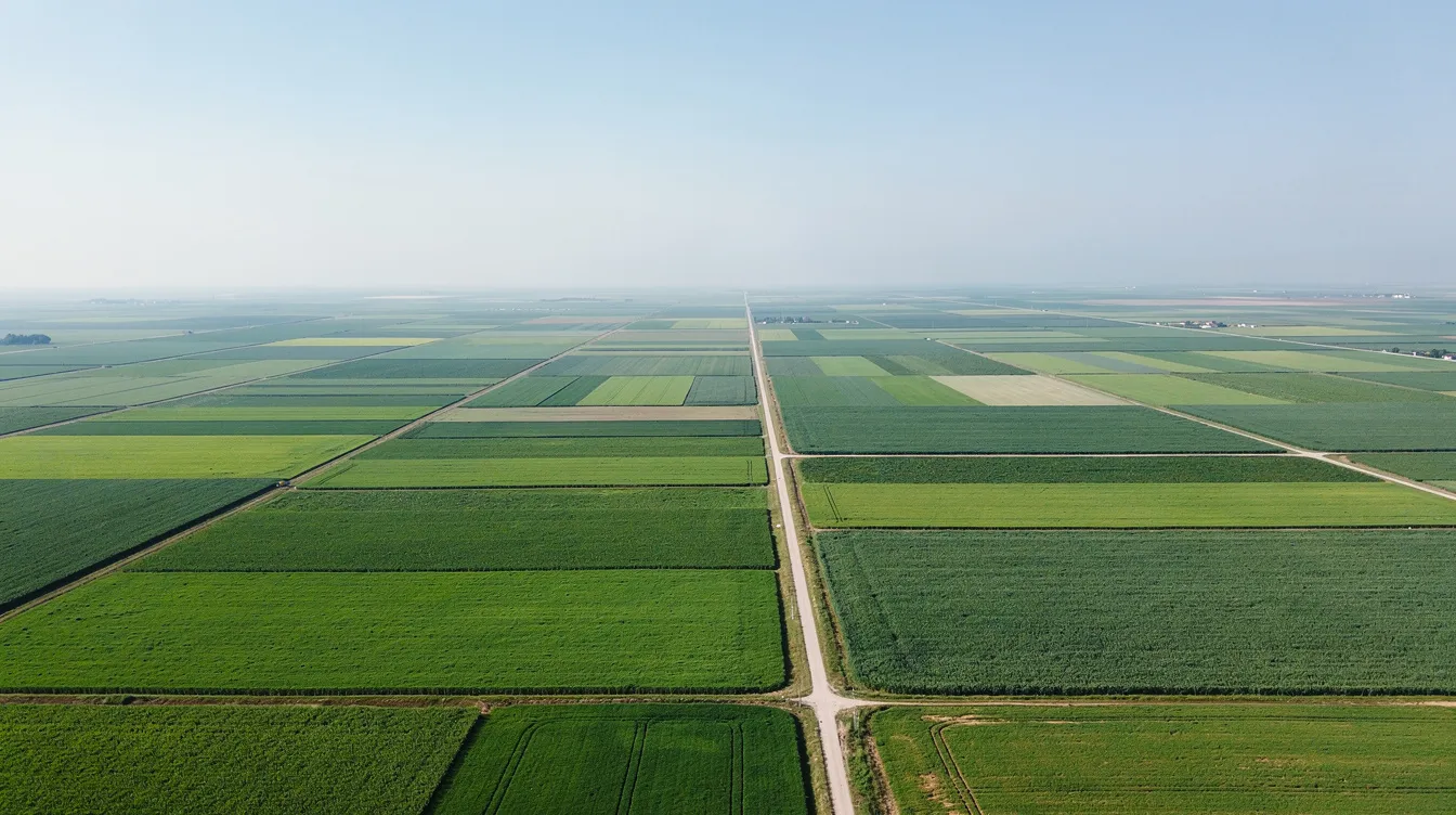 An aerial view captures vast green agricultural fields extending towards the horizon under a clear sky, symbolizing sustainable practices that could contribute to the production of sustainable aviation fuel (SAF) and reduce carbon emissions in the aviation industry. The scene reflects a harmonious relationship between land use and renewable energy sources essential for future aviation operations.