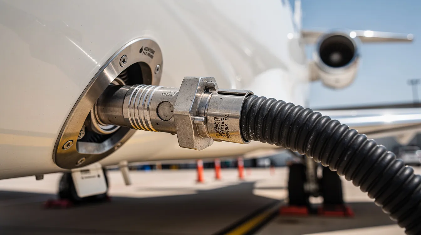A close-up view captures a fuel hose connected to the wing of a private jet during refueling at a Fixed Base Operator (FBO), highlighting the process of transferring aviation fuel, possibly including sustainable aviation fuel (SAF), into the aircraft's tanks. The scene emphasizes the importance of fuel types in the aviation industry, particularly in efforts to reduce carbon emissions and enhance engine performance.