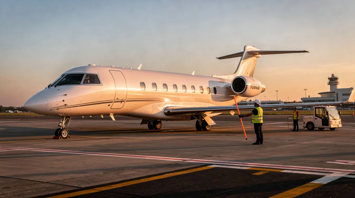 A sleek private jet is parked on an airport tarmac during golden hour, with the warm glow of the setting sun illuminating its polished exterior. Nearby, ground crew members are visible, engaged in aviation operations, possibly preparing for refueling with sustainable aviation fuel to reduce carbon emissions.