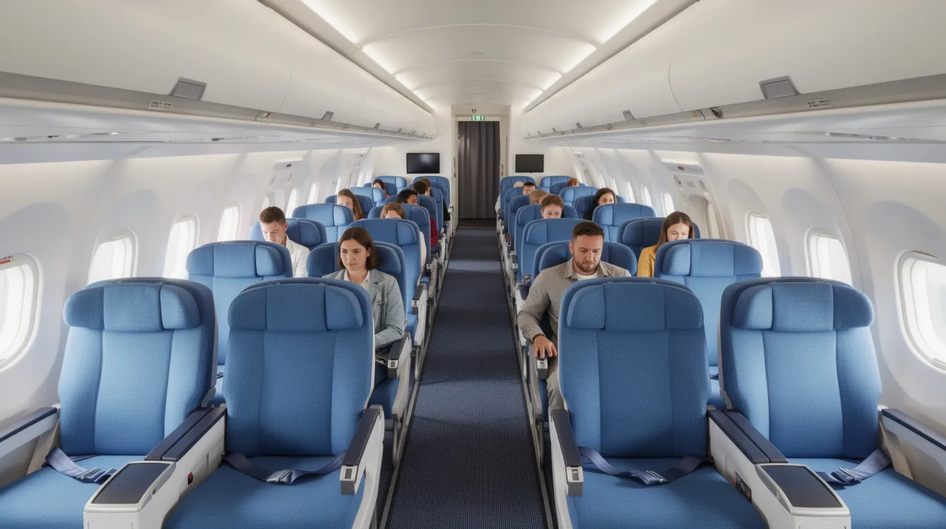 The image depicts the interior of a narrow-body commercial aircraft's economy cabin, showcasing rows of blue seats arranged in a three-by-three configuration. This setup is typical for budget airlines, providing a compact space for passengers during their flight.