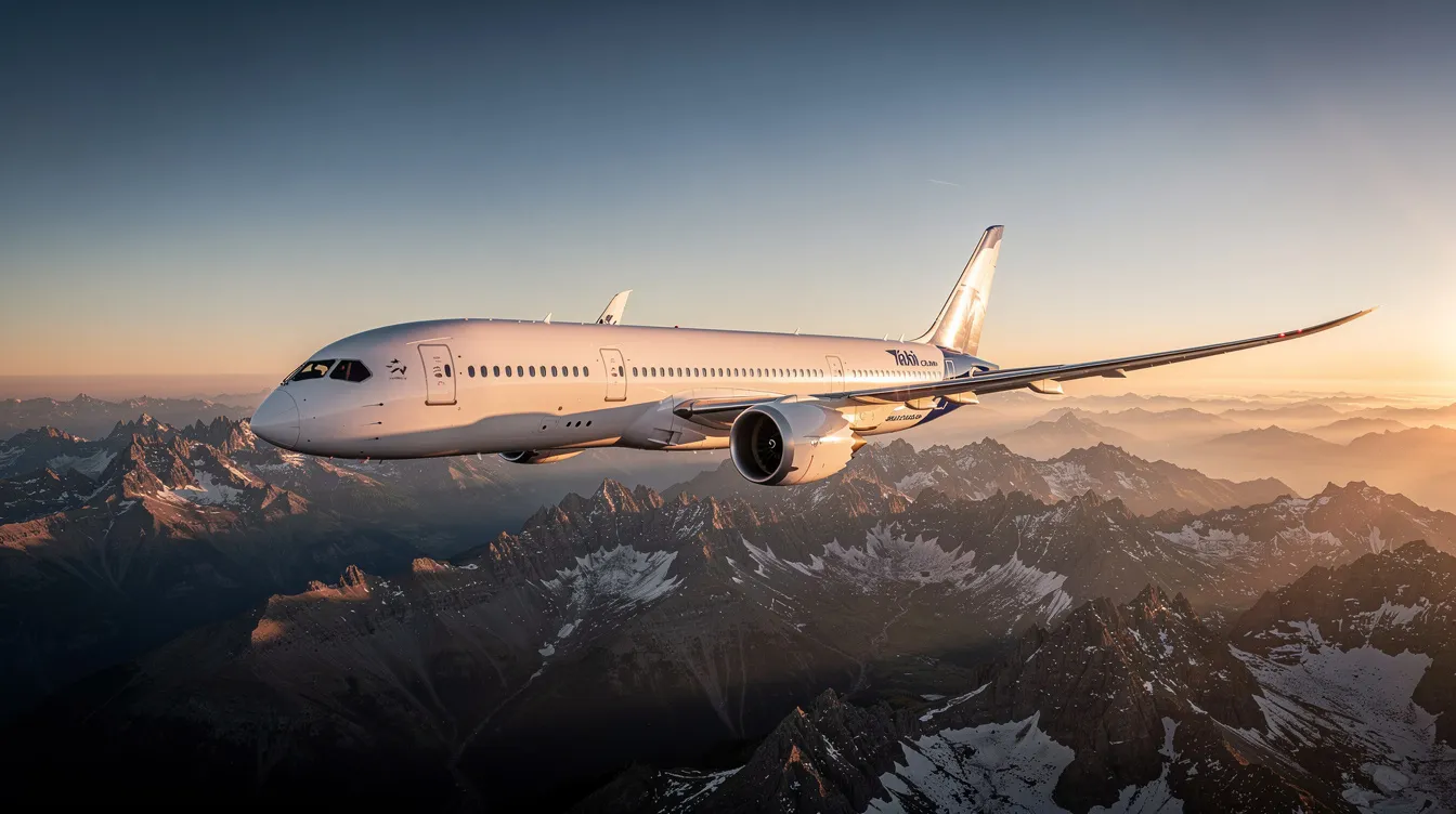 A Boeing 787 Dreamliner soars gracefully above stunning snow-capped mountain peaks during golden hour, casting a warm glow on the aircraft. This scene captures the beauty of air travel, highlighting the experience of flying direct with a good airline like WestJet amidst breathtaking natural landscapes.