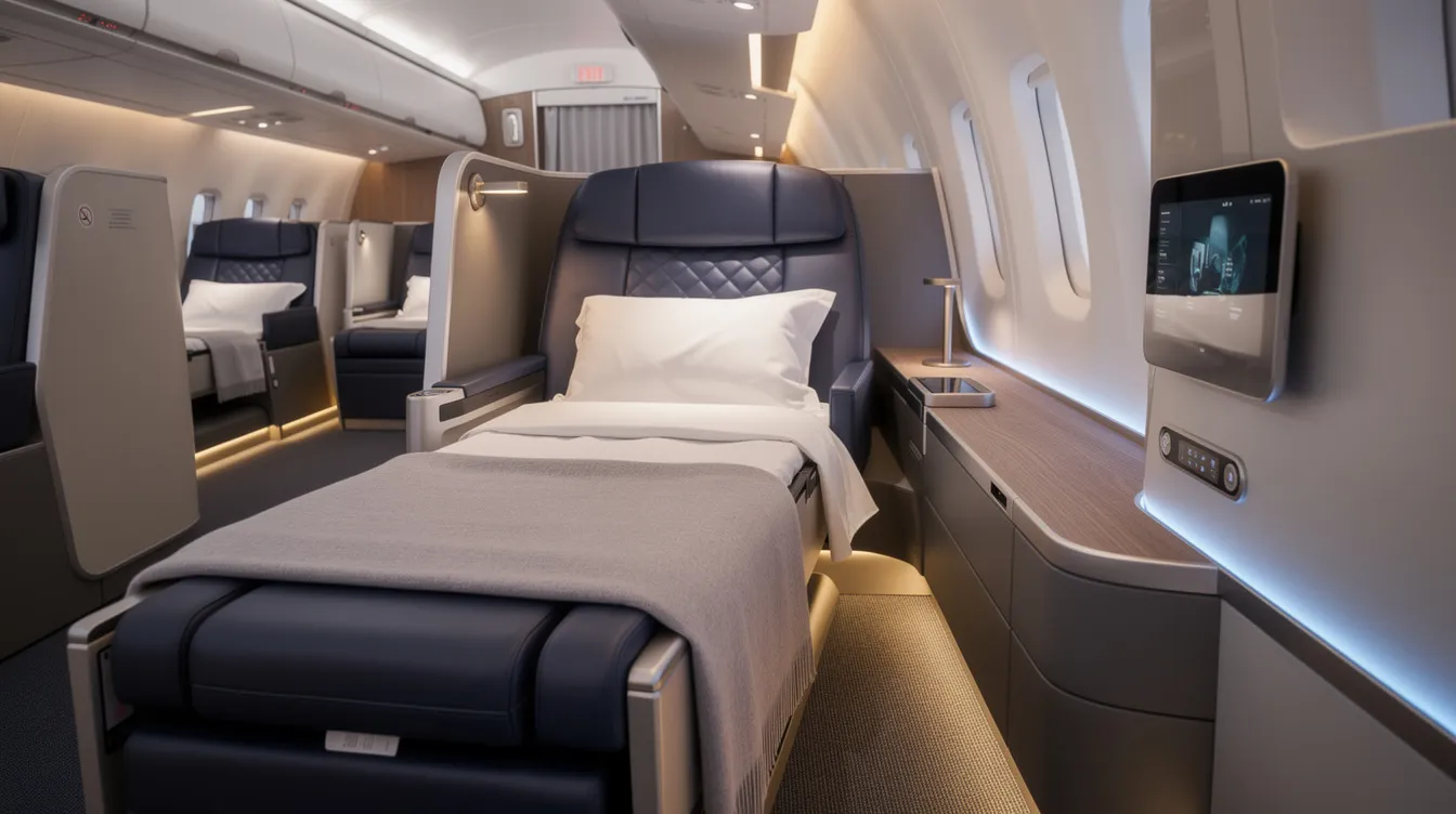 The image features a luxurious lie-flat business class pod inside a widebody aircraft cabin, showcasing a spacious seat with a privacy divider and soft ambient lighting, ideal for a comfortable flight experience. This premium setting is a stark contrast to budget airlines, offering an elevated level of service for passengers on their journey.