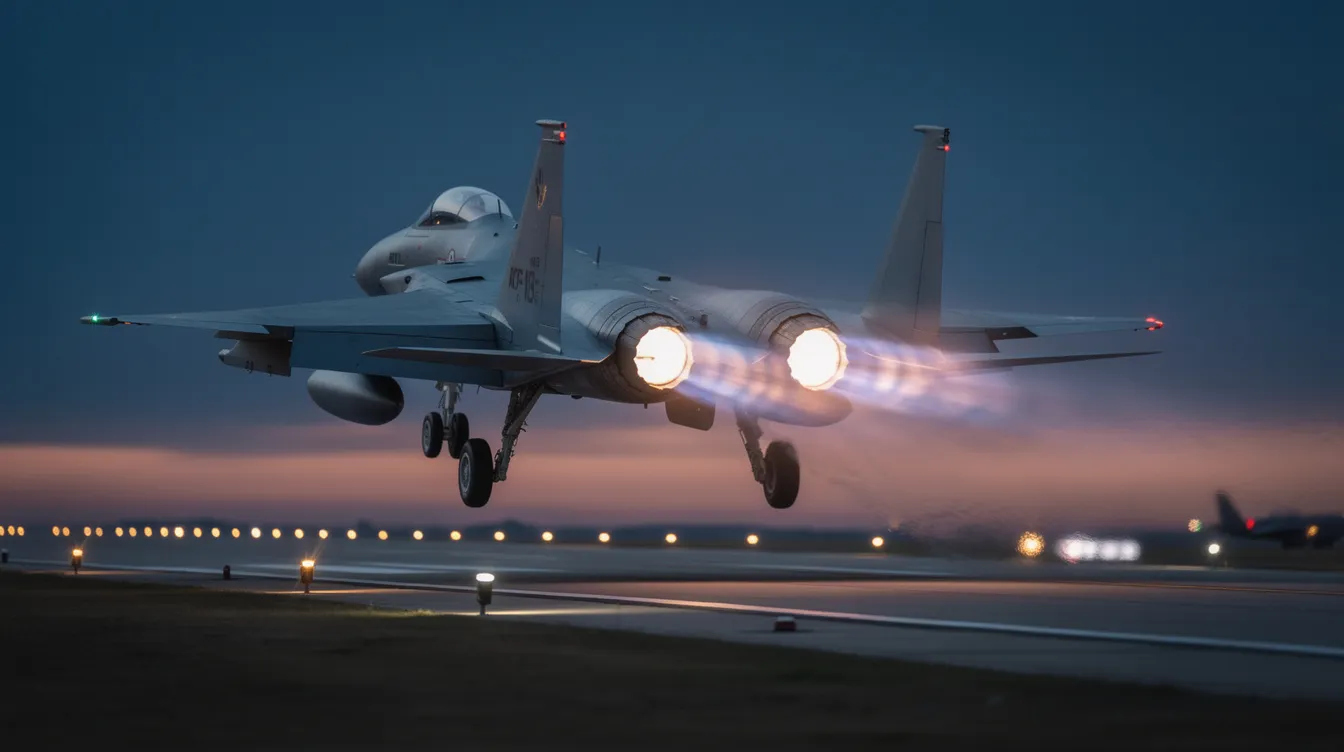 An F-15E Strike Eagle, equipped with three external fuel tanks, is taking off from a runway at dusk, its afterburners glowing brightly. The aircraft, designed for air superiority and capable of air to ground missions, showcases its advanced avionics and weapon systems as it ascends into the sky.