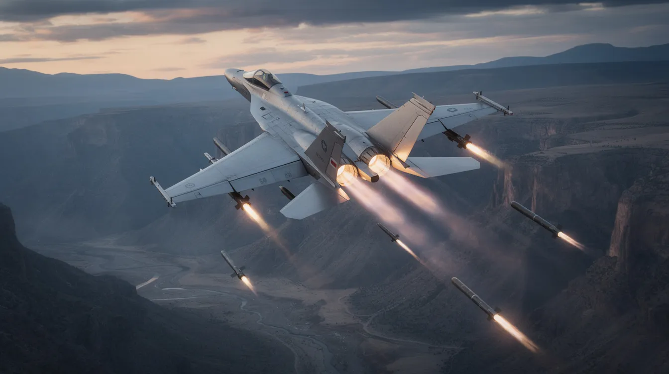 A military fighter jet, specifically an F-15E Strike Eagle, is depicted releasing precision-guided munitions over rugged terrain, showcasing its capabilities for air to ground missions. The aircraft is equipped with conformal fuel tanks and advanced avionics, emphasizing its role in achieving air superiority during operations like Desert Storm.