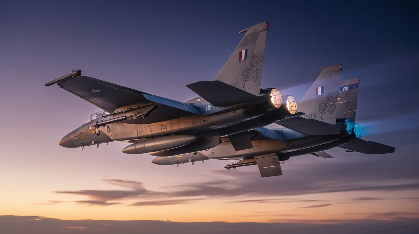 Two F-15E Strike Eagles fly in tight formation against a twilight sky, showcasing their sleek design and advanced avionics systems. The aircraft, equipped with conformal fuel tanks, are poised for air-to-air combat missions, emphasizing their role in air superiority and tactical electronic warfare.