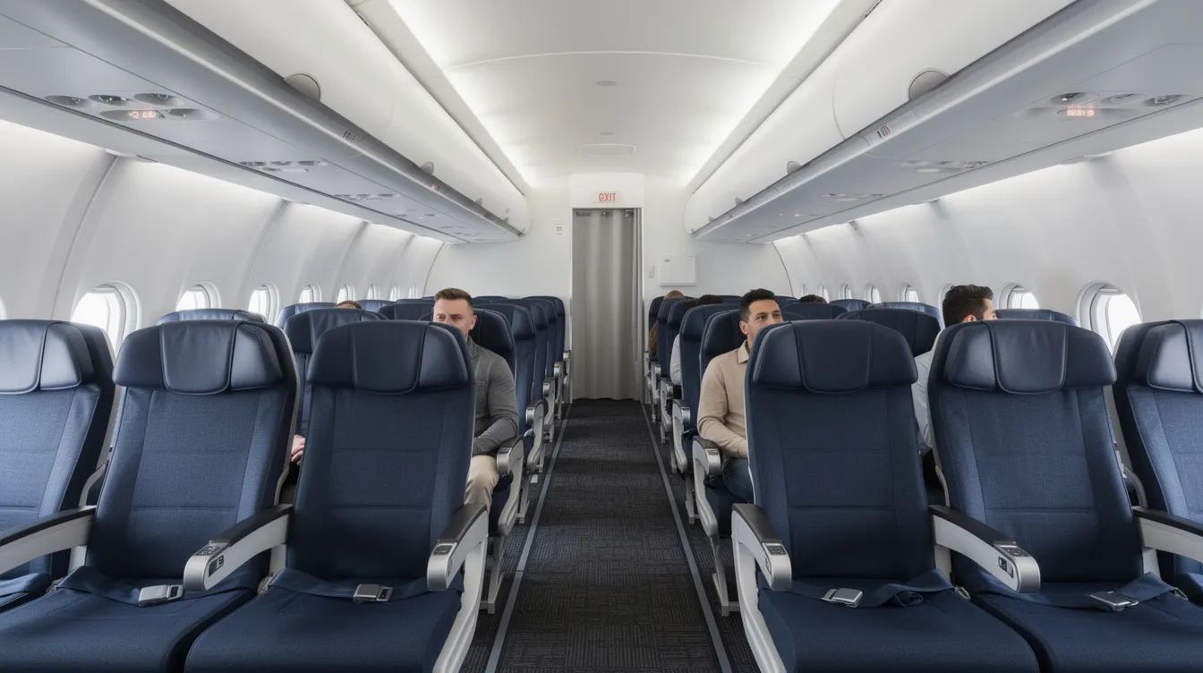 The image depicts the interior of a commercial airplane cabin, showcasing rows of seats and overhead bins. Flight attendants typically navigate this space while ensuring passenger safety and comfort during the flight.