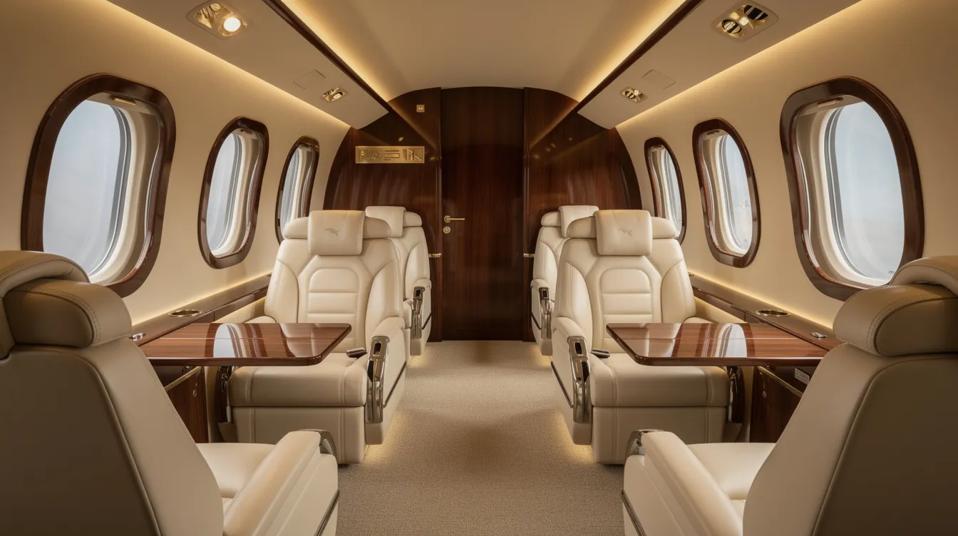 The image depicts a luxurious private jet interior featuring cream leather seats, elegant wood paneling, and soft ambient lighting, creating a sophisticated and comfortable atmosphere for passengers. This setting highlights the premium experience often associated with private flights, where cabin crew, including flight attendants, ensure top-notch service during the journey.