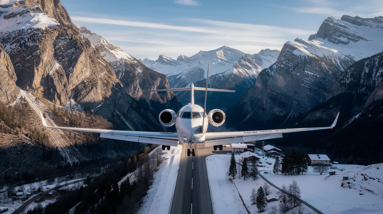 A private jet with sleek design is approaching a scenic mountain airport runway, framed by majestic snow-capped peaks. The aircraft, equipped with jet engines, is preparing for landing amidst a backdrop of breathtaking natural beauty.