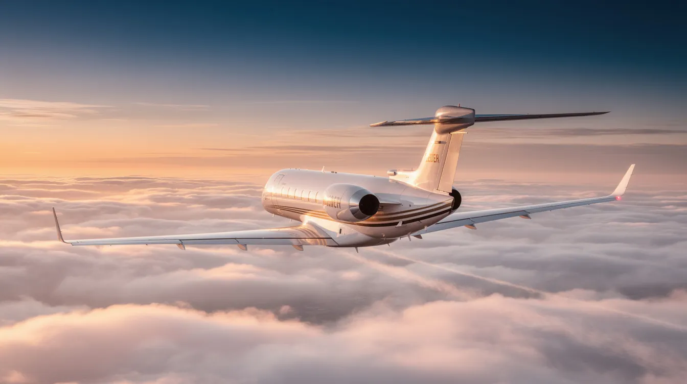 A sleek private business jet soars high above a thick layer of white clouds during golden hour, showcasing its powerful jet engines and streamlined design as it glides effortlessly through the sky. The aircraft's engine thrust propels it forward at high speeds, leaving a trail of jet exhaust behind.