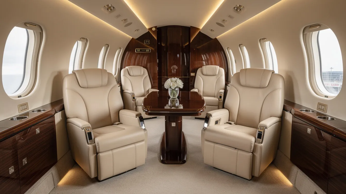 The image showcases the luxurious interior of a spacious private jet, featuring cream leather seats and elegant polished wood accents, designed for comfort and style. This opulent setting reflects the sophistication of jet aircraft, where passengers can enjoy a serene flying experience.