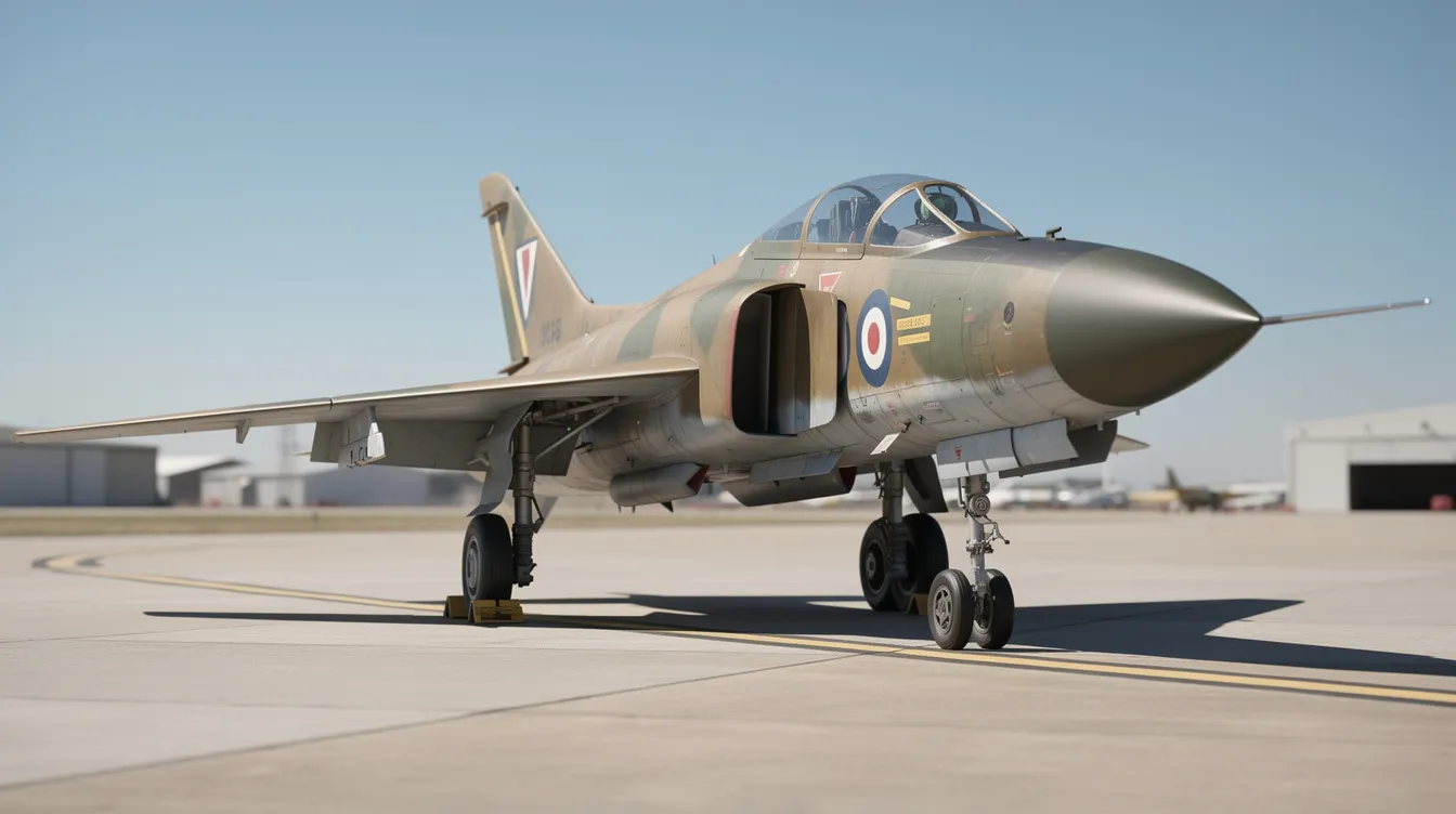 A vintage military jet aircraft is parked on a tarmac under a clear blue sky, showcasing its sleek design and powerful jet engines. The aircraft's gas turbine engine, featuring turbine blades and a combustion chamber, hints at its capabilities for high-speed jet propulsion.