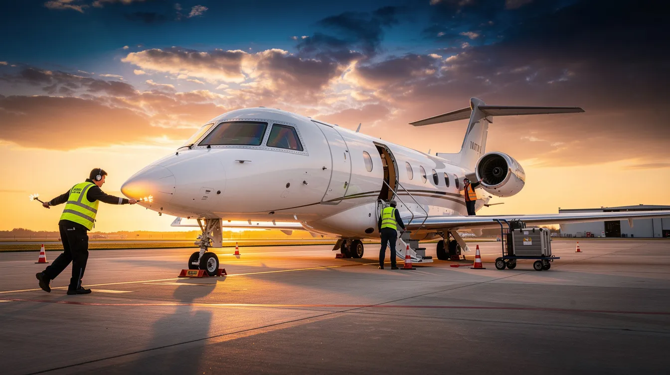 A sleek private jet is parked on a tarmac at sunset, with ground crew members preparing for departure, showcasing an exceptional service experience often associated with business class flights. The vibrant sky adds to the luxurious atmosphere, indicating an amazing journey ahead for the passengers.