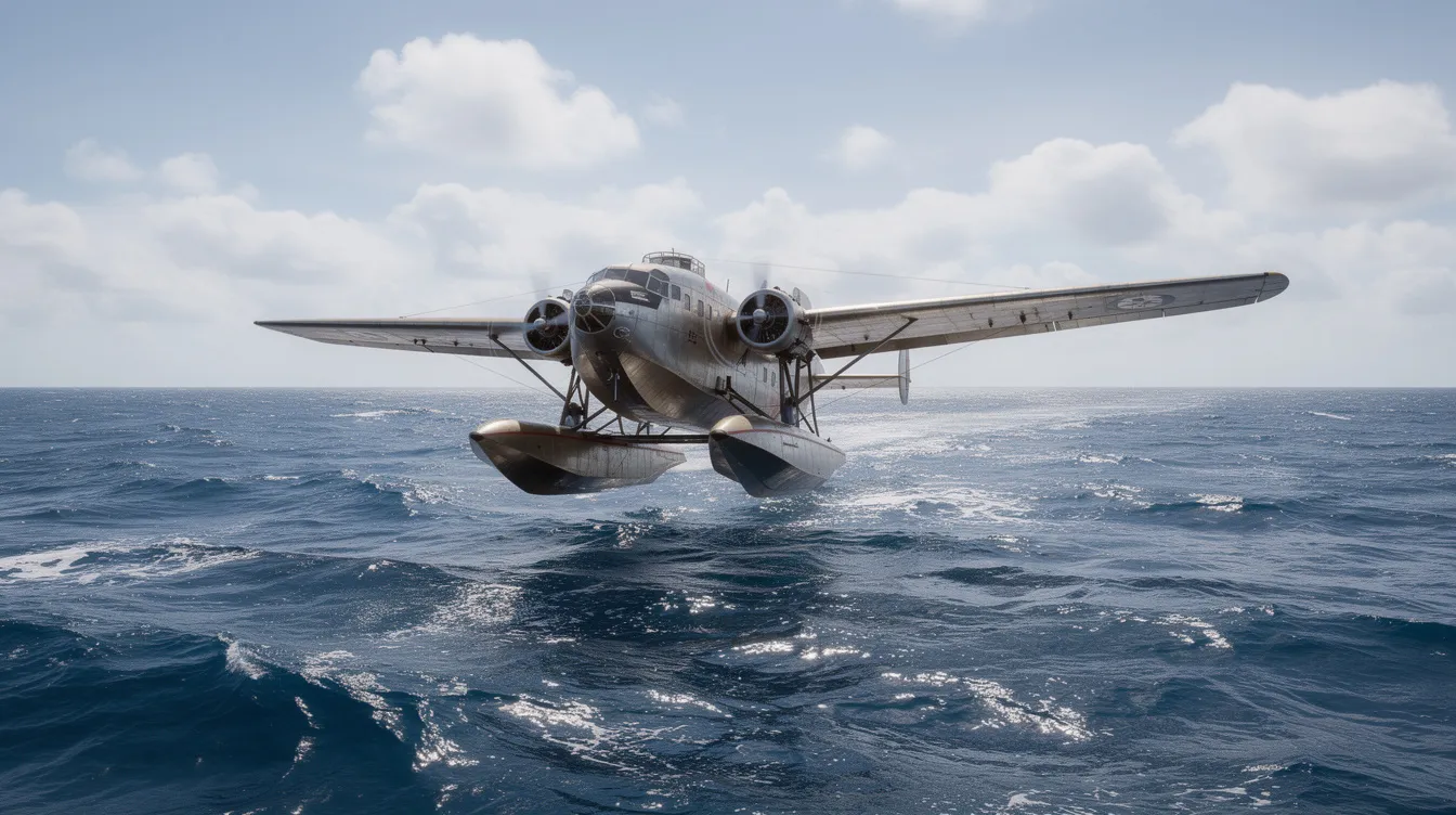 A vintage flying boat glides across the open ocean, with fluffy clouds dotting the horizon, evoking a sense of adventure reminiscent of seaplane pilots exploring the stunning landscapes of Southeast Alaska. The tranquil water reflects the aircraft's silhouette, creating a picturesque scene perfect for those dreaming of their next trip to places like Isle Royale National Park.
