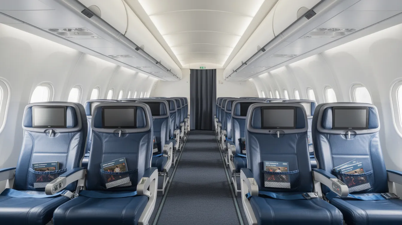 The image depicts the interior of a modern Airbus A321 commercial aircraft cabin, featuring rows of blue leather seats designed for economy class passengers. The layout includes a walk-up pantry area and showcases the comfortable seating arrangement, offering options with extra legroom for travelers seeking more comfort during their flight.