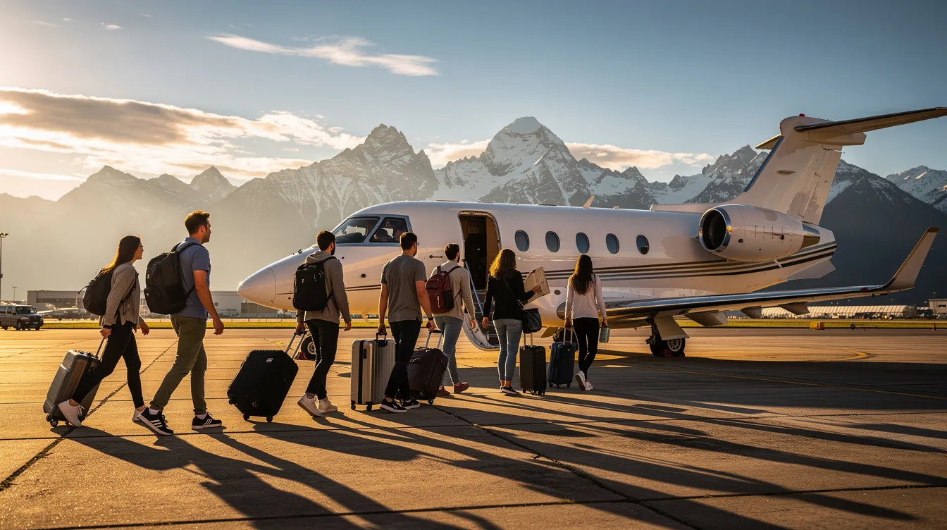 Passengers are walking across a sunlit tarmac towards a small private jet, with majestic mountains in the background, highlighting the exclusivity and appeal of private aviation. This scene captures the essence of semi private flights, offering a more personalized travel experience compared to commercial airlines.