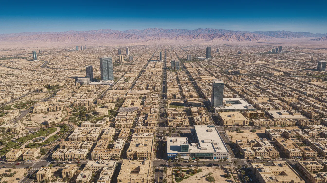An aerial view showcases a sprawling desert city, likely Las Vegas, with its vibrant landscape framed by distant mountains under a clear blue sky. The image captures the essence of a bustling destination, where flights and operations connect customers to their adventures.