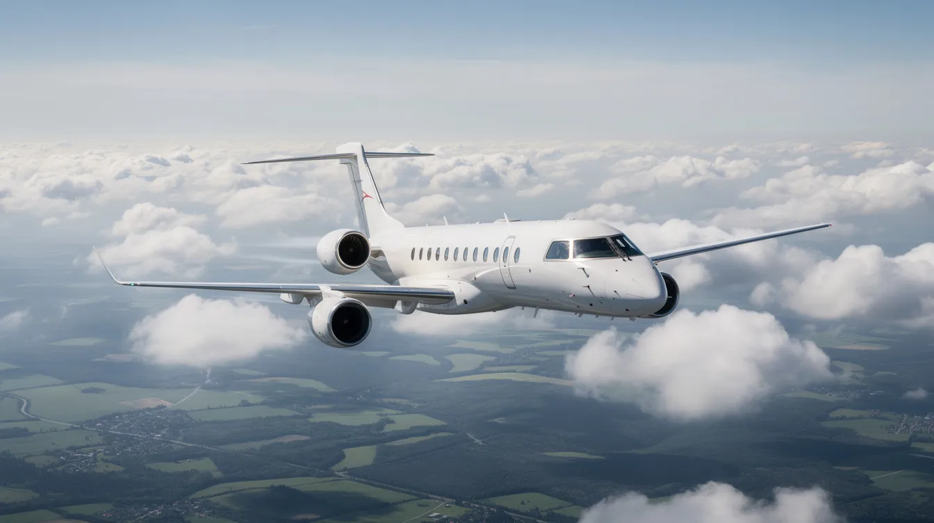 A regional twin-engine jet aircraft, such as the Embraer 175, soars above scattered clouds with a lush green landscape visible below. This commercial flight features a dual class configuration, offering first class seats and main cabin seats for passengers.