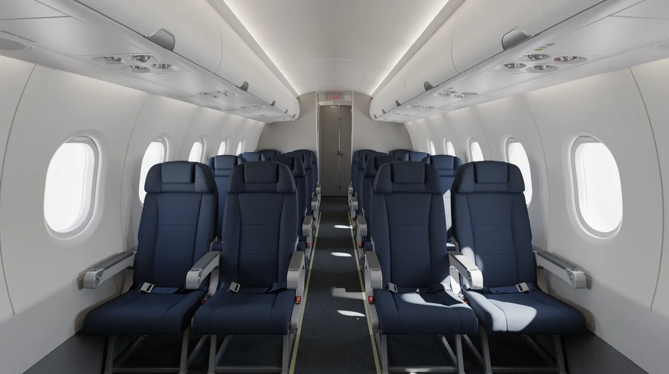 The image depicts the interior of a small commercial aircraft cabin, specifically an Embraer 175, featuring rows of seats arranged in a dual class configuration with first class seats and main cabin seats in a two-by-two layout. Overhead storage compartments are visible above the seats, providing space for carry-on luggage.