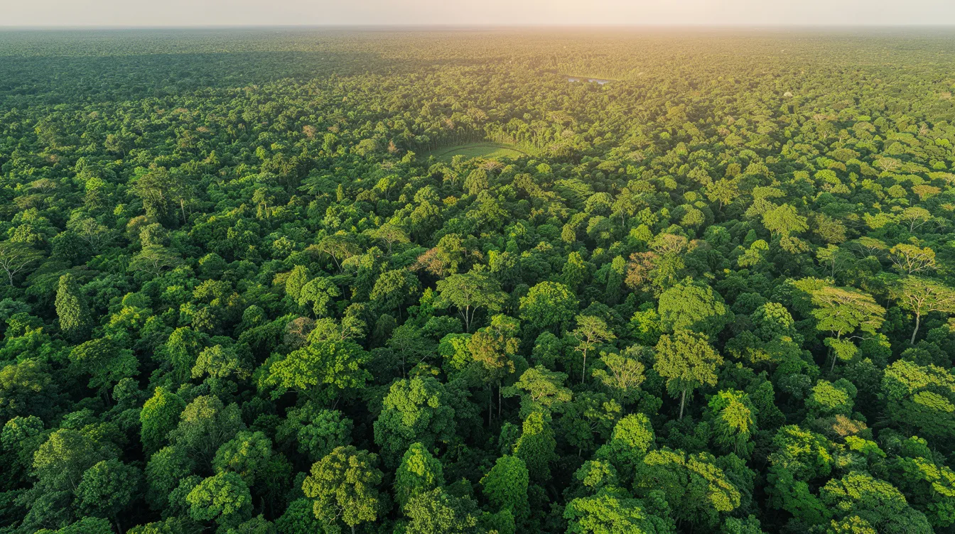 An aerial view captures a dense green forest canopy, symbolizing environmental sustainability and carbon offset. This lush landscape represents the commitment to reducing greenhouse gas emissions, paralleling the advancements in sustainable aviation fuel and the efforts of private jet operators to enhance fuel efficiency in private aviation.