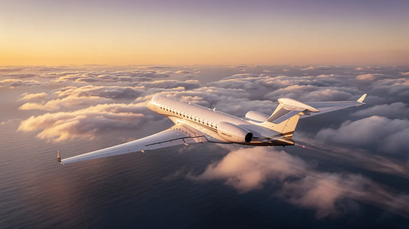 A sleek ultra-long-range private jet soars above fluffy clouds, gliding over a shimmering ocean during the golden hour. This luxurious aircraft, designed for long haul flights, embodies the essence of private aviation with its spacious cabin and advanced technology, catering to high net worth individuals seeking comfortable and efficient travel.
