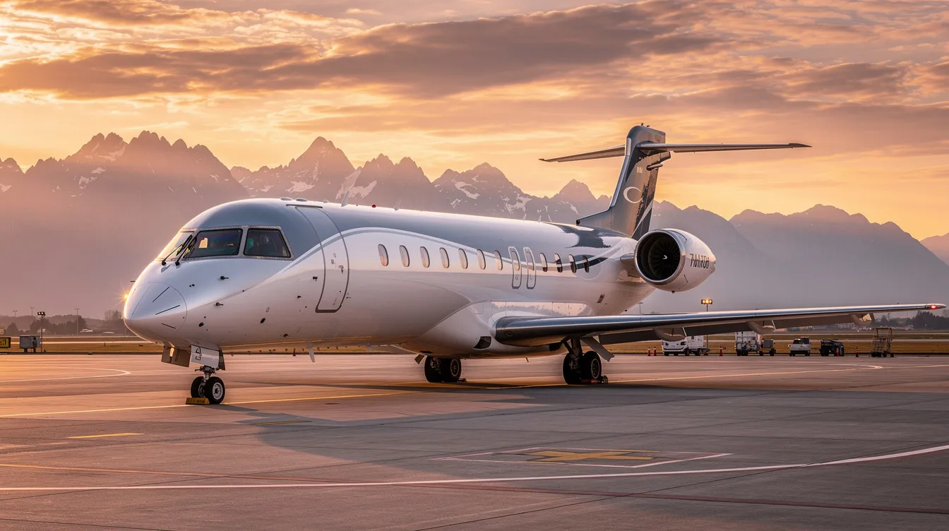 A sleek Alaska Airlines Embraer ERJ 175 regional jet is parked on the tarmac at sunset, with majestic mountains in the background. The aircraft's design highlights the first class and economy class cabins, promising a comfortable flying experience for passengers.