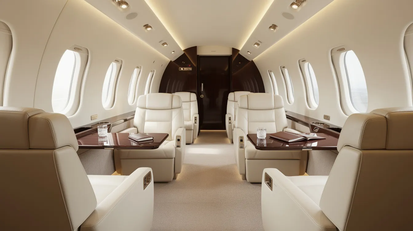 The image showcases a luxurious private jet cabin interior featuring cream leather first class seats arranged in a spacious layout, complemented by warm ambient lighting that enhances the overall flying experience. This elegant setting offers ample legroom and a cozy atmosphere, perfect for passengers looking to enjoy their flight in comfort.