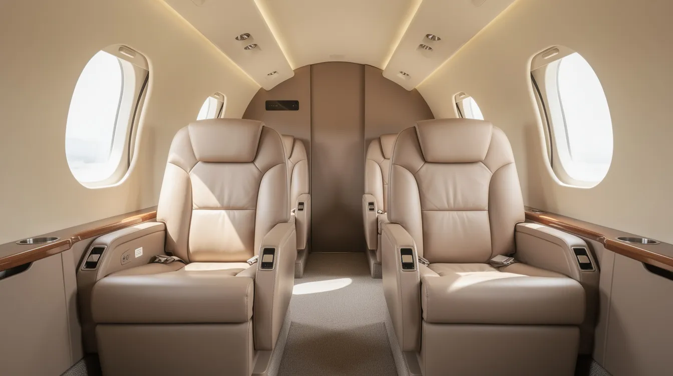 The image shows the interior of a small aircraft cabin, featuring leather first class seats arranged in pairs along both sides, providing a premium flying experience. The layout includes a spacious aisle and windows, enhancing the overall comfort and legroom for passengers aboard the Alaska Airlines Embraer ERJ 175.