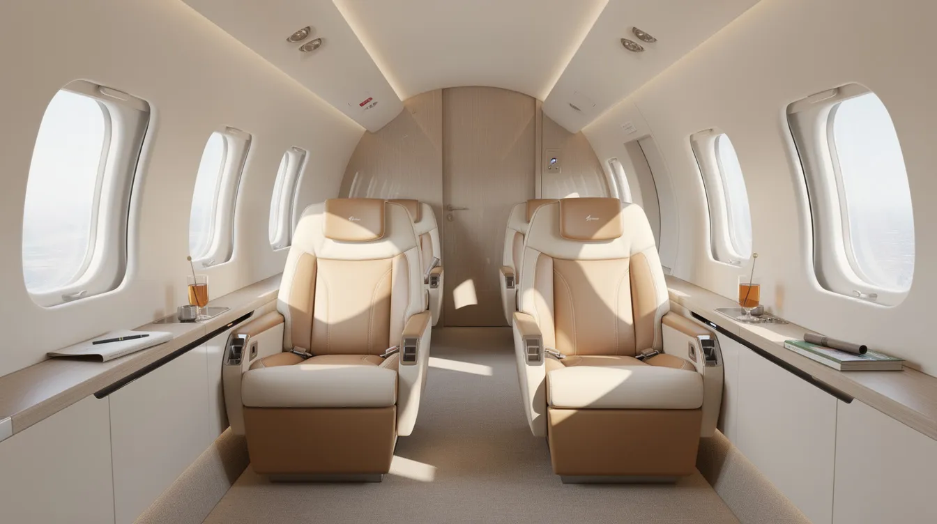 The image showcases the interior of a modern private jet cabin, featuring plush leather seats and ample natural light flooding through large windows, creating a luxurious and comfortable travel experience. This setting exemplifies the convenience and elegance associated with private jet charters in Minneapolis, making it an ideal choice for clients seeking a premium flight experience.