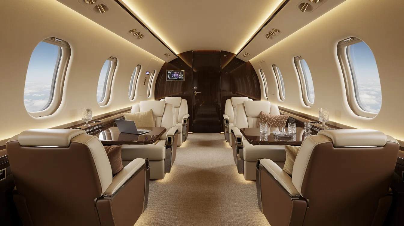 The image depicts the interior of a luxurious large-cabin private jet, featuring plush leather seats and soft ambient lighting that creates an inviting atmosphere for private travel. This elegant space exemplifies the comfort and sophistication often associated with private jet leases, catering to corporate flight departments and discerning travelers.