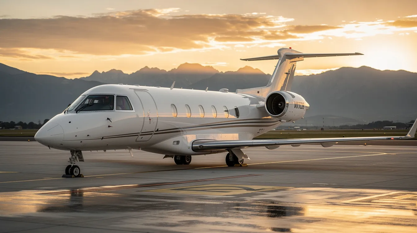 A sleek midsize private jet is parked on a tarmac at sunset, with majestic mountains in the background, highlighting the allure of private travel and the appeal of leasing options for aircraft ownership. The scene captures the elegance and sophistication associated with corporate flight departments and the operational aspects of private jet leases.
