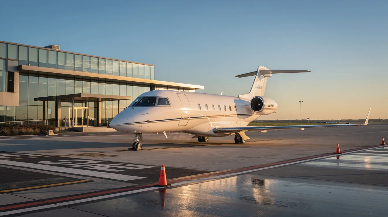 A sleek private jet is parked on a sunlit tarmac next to an executive terminal building, showcasing the luxury and convenience of private lease travel. The aircraft reflects the freedom and comfort associated with fractional ownership and leasing options for high-end vehicles.