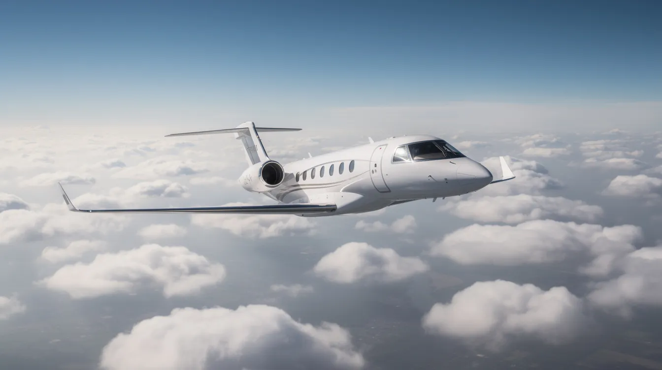 A sleek white HondaJet Elite II very light jet is soaring above scattered clouds in a clear blue sky, showcasing its impressive performance and fuel efficiency. This modern aircraft represents the latest advancements in aviation technology, designed for single pilot operation and enhanced comfort.