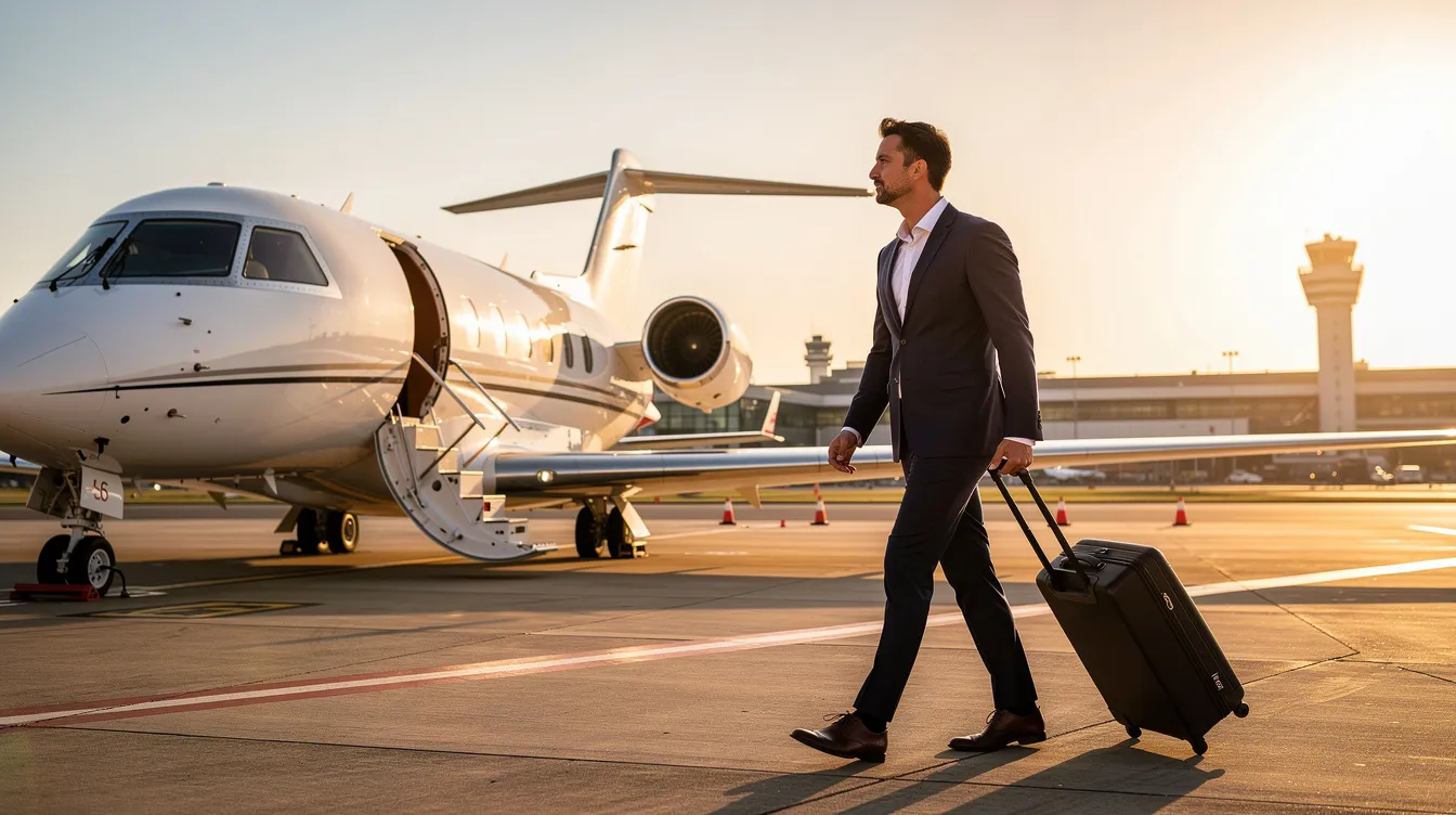 A well-dressed business traveler strides confidently toward a sleek HondaJet Elite II on a modern airport tarmac, bathed in the warm glow of golden hour. This light jet, known for its fuel efficiency and impressive performance, represents the pinnacle of aviation technology and comfort for discerning travelers.