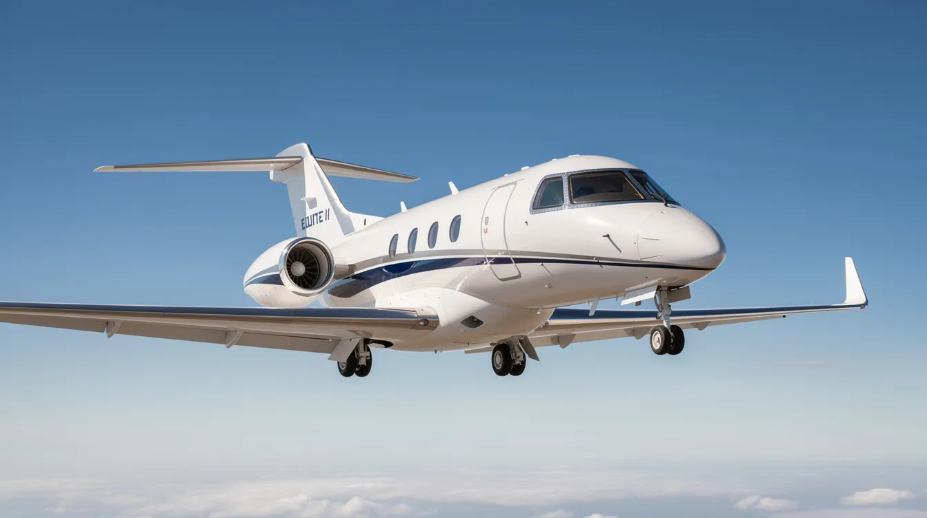A sleek HondaJet Elite II is soaring through a clear blue sky, showcasing its elegant design as a light jet. This aircraft is known for its impressive cruising speed and efficient operating costs, making it a popular choice for private aviation.