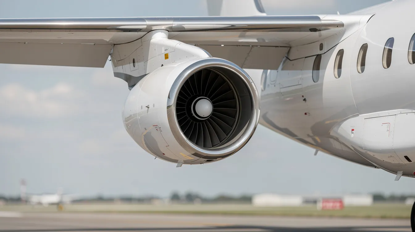The image features a close-up view of a turbofan engine mounted over the wing of a small private jet, specifically a Honda Jet. This engine is a crucial component that influences the aircraft's operating costs, including fuel burn and maintenance, which are important factors in the total annual cost of ownership for light jets.