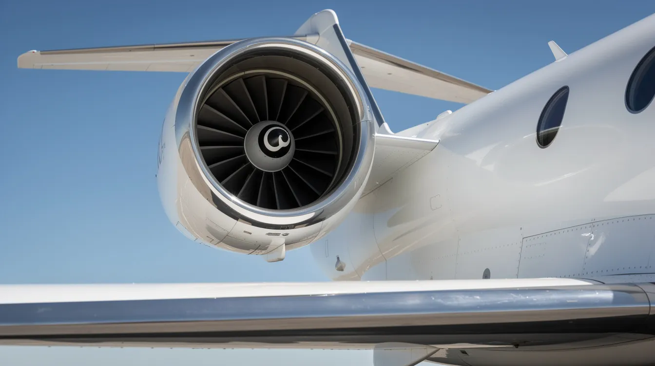 A close-up view of a HondaJet engine is showcased, mounted above the wing against a clear blue sky, highlighting the innovative design and efficient engines of the Honda Aircraft Company. This small business jet exemplifies advanced performance with features like increased fuel capacity and optimized fuel efficiency, making it a standout in the light jet category.