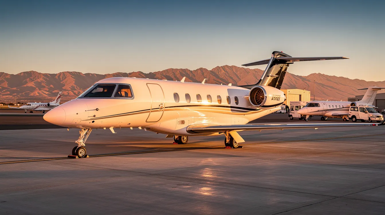 A sleek HondaJet Elite II, a very light jet known for its advanced performance and fuel efficiency, is parked on a private FBO ramp during golden hour, with picturesque mountains in the background. The aircraft showcases its modern design and spacious cabin, ideal for business travel.