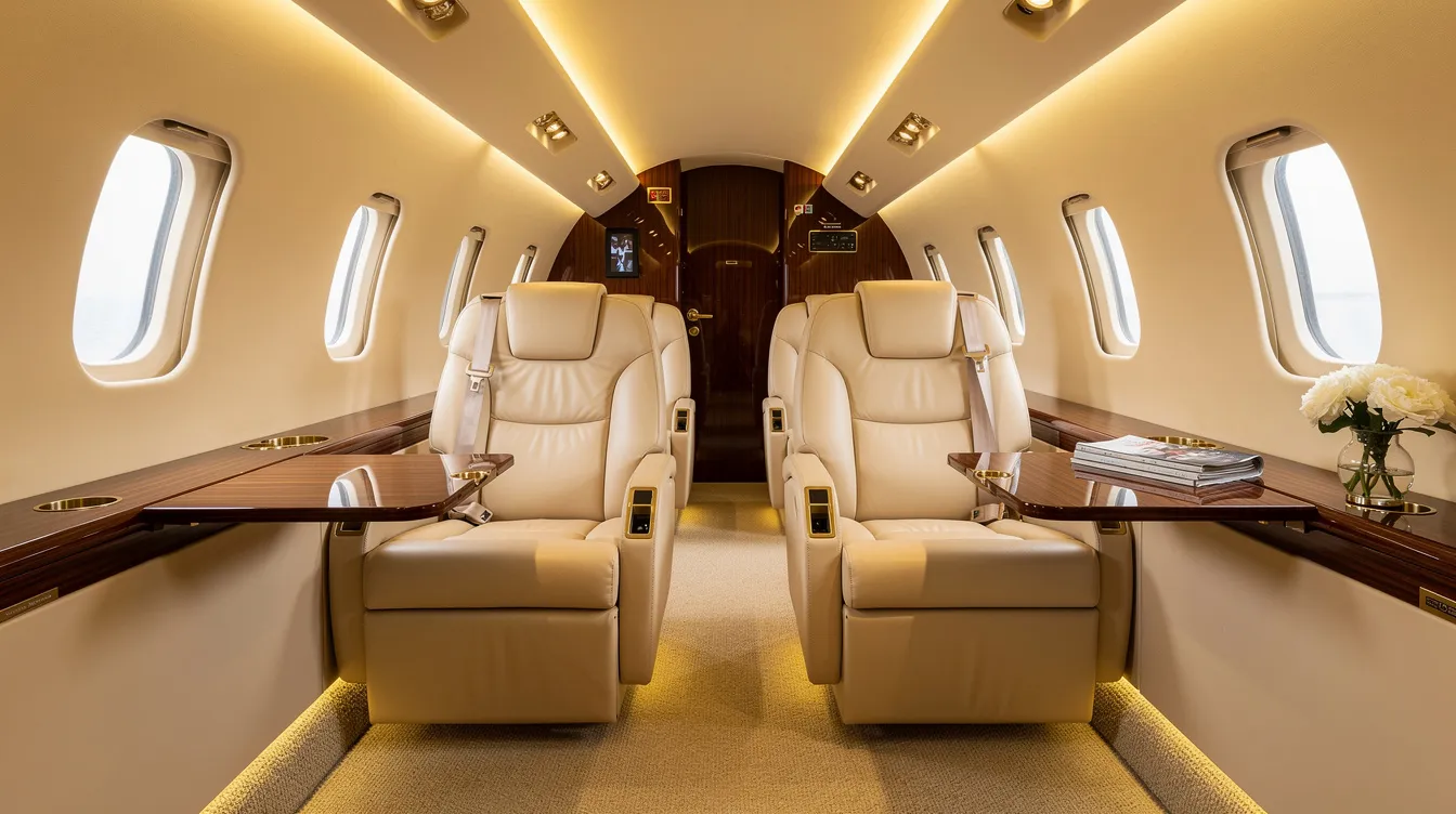 The image showcases the luxurious cream leather interior of a small private jet cabin, featuring four club seats arranged for comfort and warmth, enhanced by ambient lighting. This elegant space is characteristic of the HondaJet aircraft, known for its innovative design and efficient engines, making it a standout choice in the business jet market.