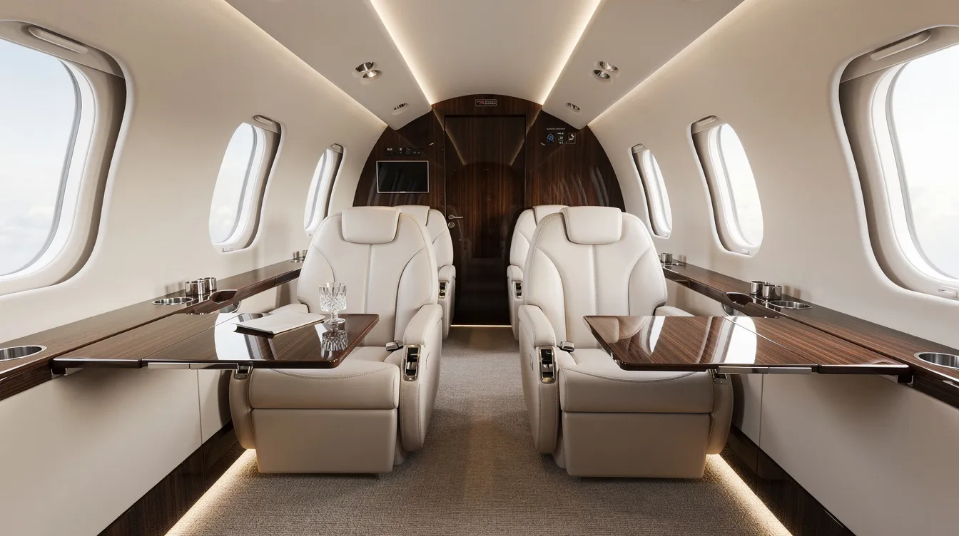 The image showcases the interior of a modern light jet cabin featuring cream leather seats complemented by polished wood accents, typical of the luxurious design found in the HondaJet Elite II models. The spacious layout and elegant finishes highlight the advanced cabin features that cater to the needs of high net worth individuals in private aviation.